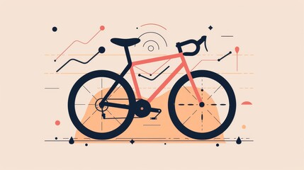 Minimalist red bicycle illustration with schematic overlay on orange background