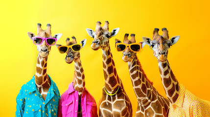 giraffes in colorful glasses and clothes. giraffes in a group, vibrant bright fashionable outfits on yellow background. Creative giraffes birthday concept.