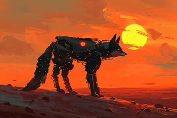Illustrate a robotic fox silhouetted against a fiery digital sunset in an impressionist desert, capturing both its dynamic pose and the tranquility of the vast, painterly landscape
