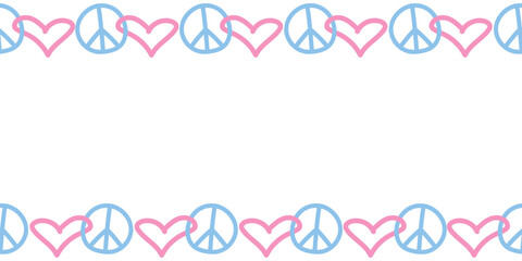 Peace and love - vector border, frame with international symbol of pacifism, disarmament, world peace. Simple horizontal top and bottom edging, decoration, seamless pattern in doodle flat style