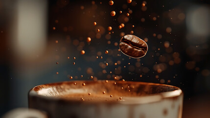 shot of a coffee bean dropping into a full cup of coffee, creating an aesthetically pleasing...