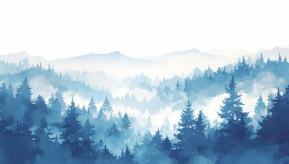 watercolor misty forest and mountains, blue color scheme, white background