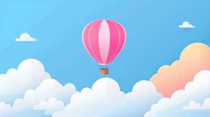 Vibrant hot air balloon soaring above fluffy clouds against a clear blue sky
