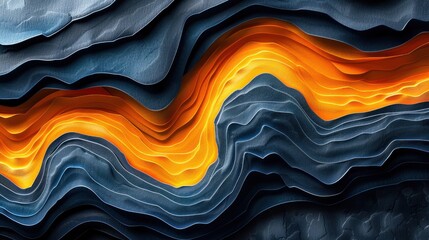 Abstract Painting With Wavy Orange and Blue Lines
