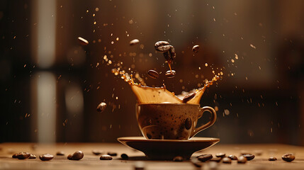 shot of a coffee bean dropping into a full cup of coffee, creating an aesthetically pleasing splash. 