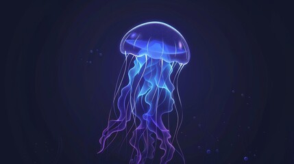 Stunning minimalist illustration of a jellyfish glowing in deep blue ocean