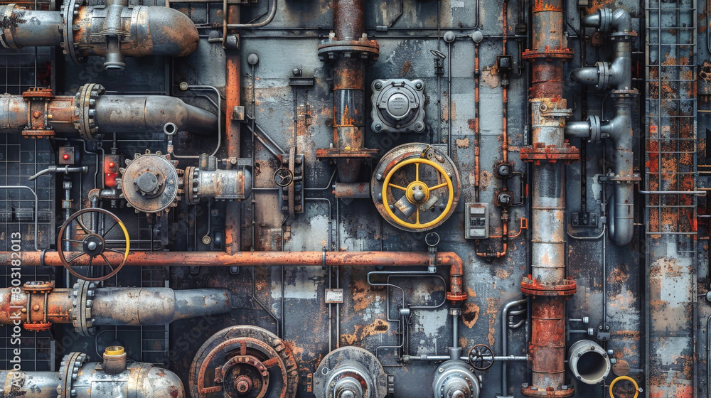 Poster close-up view of intricate pipes and valves on a building, showcasing the complexity and precision o