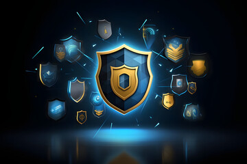 Internet Security Concept with Blue and Yellow Shield Icons on Dark Background