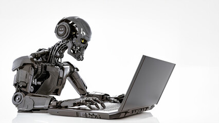 A robot with artificial intelligence showcases its abilities by sitting on top of a laptop computer. It is seen working and interacting effortlessly with technology