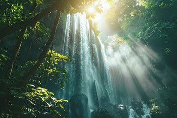 bright natural sunlight flare through trees in forest with majestic waterfall landscape photography