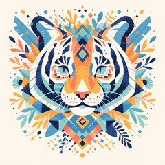 illustration of an animal head with colorful tiger design on white background, simple shapes