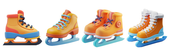 PNG ice skates shoe 3d icons and objects collection, in cartoon style minimal on transparent, white background, isolate