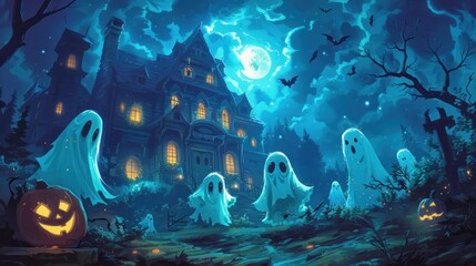 A spooky Halloween scene with a large house and several ghosts