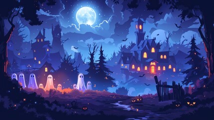 A Halloween themed drawing of a haunted forest with a castle in the background