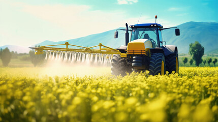 A tractor moves gracefully through a field, spraying crops with a sprayer to protect and nourish...