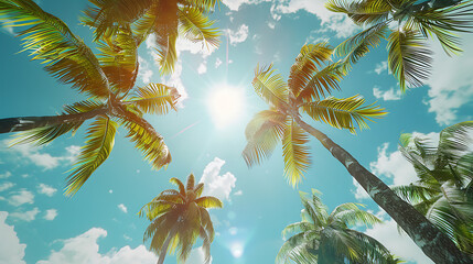palm trees and blue sky with bright summer sun - 
view from below, wide angle lens, sunny day, blue sky, tropical vibe.