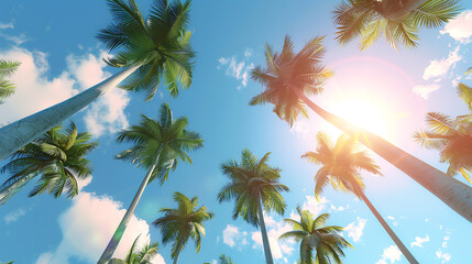 palm trees and blue sky with bright summer sun - 
view from below, wide angle lens, sunny day, blue sky, tropical vibe.