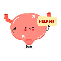 Cute sad sick Bladder asks for help character. Vector hand drawn cartoon kawaii character illustration icon. Isolated on white background. Suffering unhealthy Bladder character concept