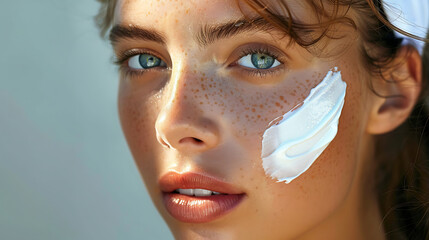 Sun protection with a vibrant and inviting photo. Photograph a close-up shot of sunscreen being applied to the skin, emphasizing the creamy texture and protective properties.