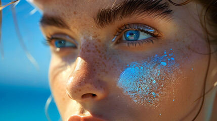 Sun protection with a vibrant and inviting photo. Photograph a close-up shot of sunscreen being applied to the skin, emphasizing the creamy texture and protective properties.