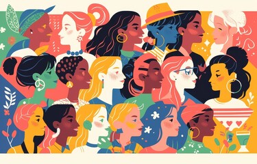 illustration of diverse women's day, flat design with many female faces in different skin tones and hair colors standing together on the rainbow background. 