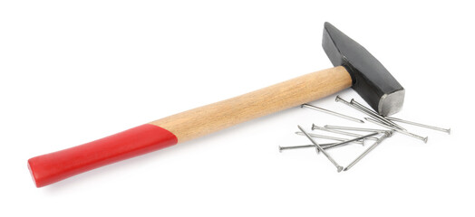 Hammer and metal nails isolated on white