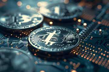 Cryptocurrency and Technology: Golden Bitcoin Tokens on Detailed Computer Motherboard