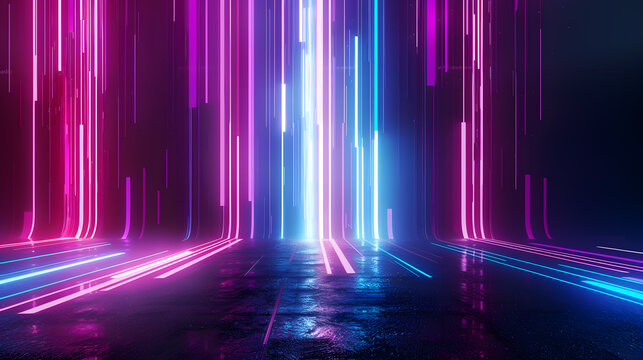 3d render, abstract background with vertical pink blue neon lines glowing in the dark. Digital ultraviolet wallpaper
