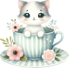 A cute cat sitting in a teacup. The cat has big eyes and a pink nose. The teacup is decorated with flowers and the saucer has a pink flower on it.