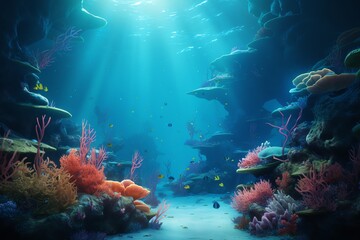 Illustrate the depths of Underwater Worlds through digital 3D rendering, experimenting with unexpected camera angles to reveal hidden wonders beneath the surface