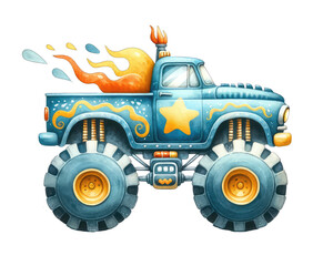 Big blue monster truck with flames coming out of the exhaust pipes. © Moonroad