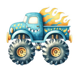Big blue monster truck with flames on the side. © Moonroad
