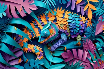 chameleon camouflage vibrant paper craft artwork with intricate foliage details 3d illustration