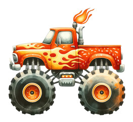 Big orange monster truck with flames coming out of the exhaust pipe. © Moonroad
