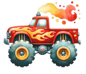 Big red monster truck with flames coming out of the exhaust pipe.