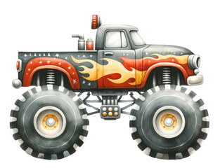 Big red monster truck with giant wheels and flames on the side. © Moonroad