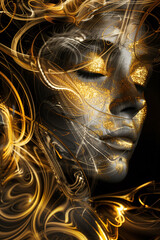 Abstract female portrait in warm golden hues, blending facial features with floral textures, capturing depth and elegance