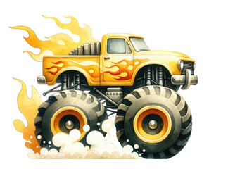 Big yellow monster truck with flames coming out of the exhaust pipes.