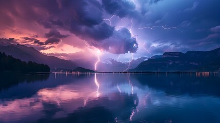 Dramatic Lightning Storm Reflected in Serene Mountain Lake at Sunset