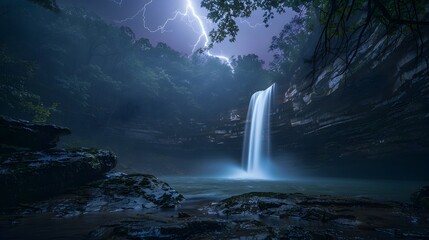 Electrifying Waterfall Framed by Striking Lightning in Enchanted Forest Landscape