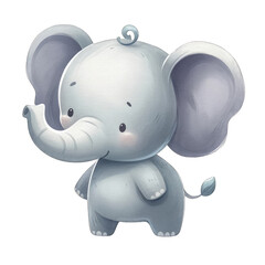 Cute cartoon elephant. The elephant has big ears and a long trunk. It is standing on two legs and has a friendly smile on its face.