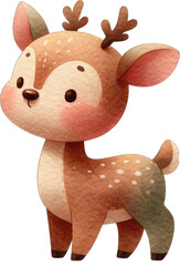 Cute cartoon deer with big eyes and a pink nose. The deer has brown fur with white spots and is standing on all four legs.