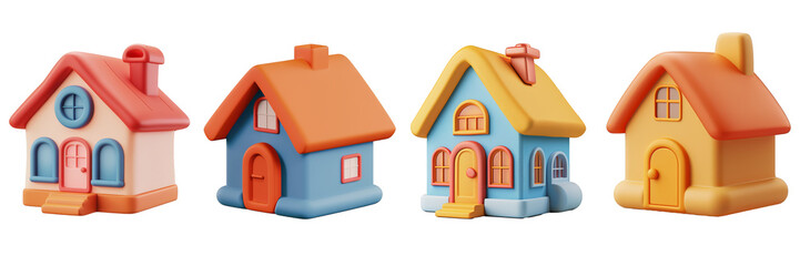 PNG house 3d icons and objects collection, in cartoon style minimal on transparent, white background, isolate