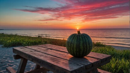 Watermelon on wooden table next to the beach with sunset