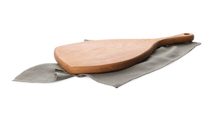 Wooden cutting board and napkin isolated on white