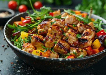 Grilled chicken breast with vegetables and salad