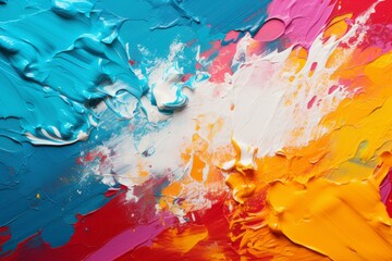 Colorful abstract painting with blue, white, red, yellow, and pink