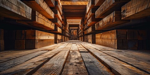 Wooden planks arranged in a long corridor