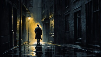 In the depths of a rain-soaked alleyway, a mysterious figure stands shrouded in shadows, the only...