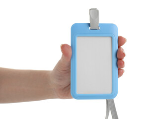 Woman holding blank badge with string on white background